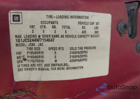 1998 Chevrolet Cavalier z USA, uszkodzony, nr VIN 1G1JC5244W7154647